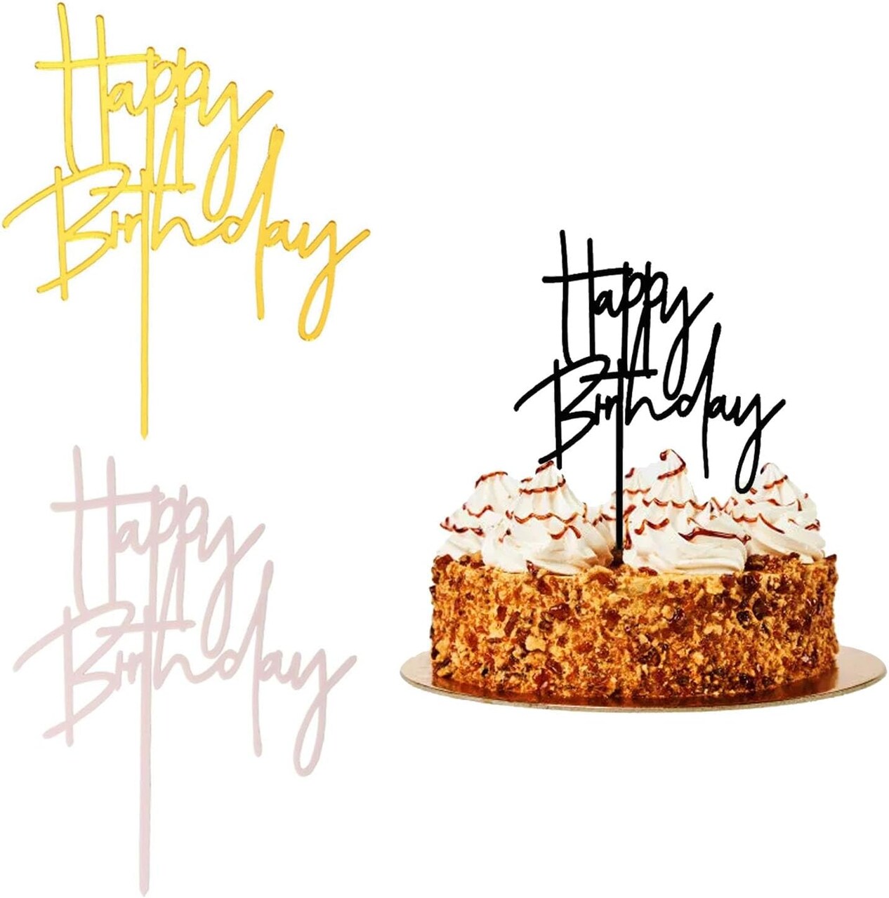 3PCS Happy Birthday Acrylic Cake Toppers – DIY Party Decorations (Black, Gold, Pink)